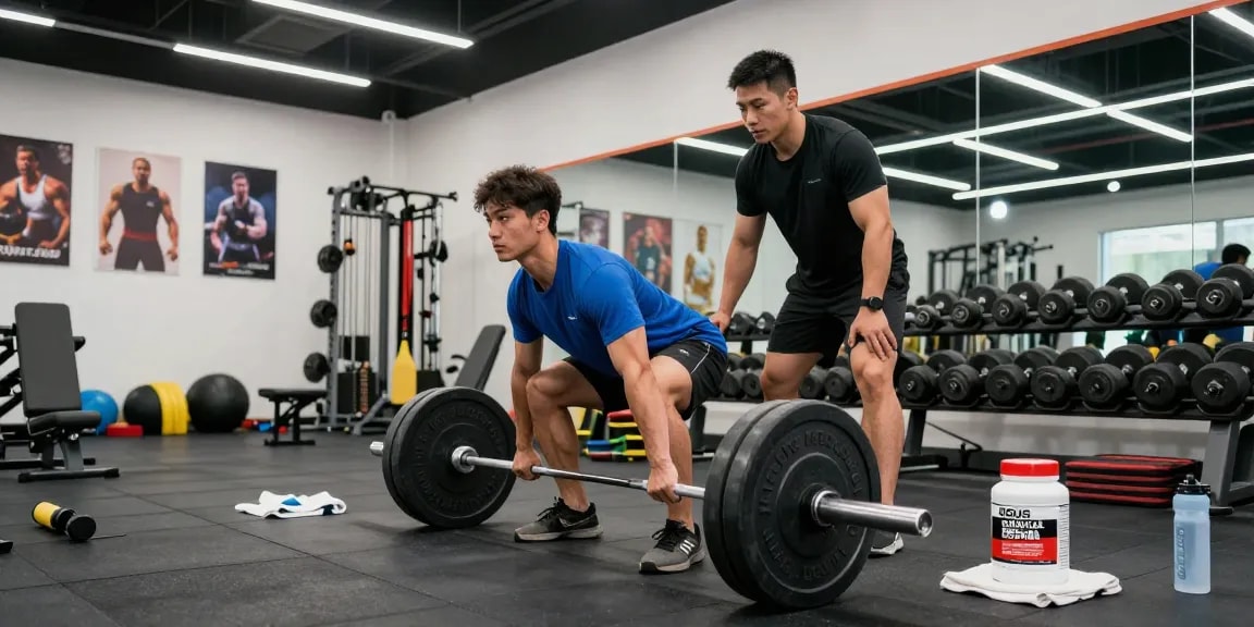 Ein Athlet hebt Gewichte im Fitnessstudio mit Deus Medical Steroiden für Muskelaufbau.