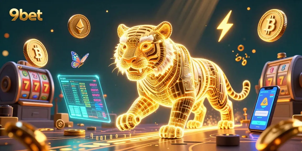 Engage with 9bet's vibrant digital casino world featuring a neon tiger, currencies, and exciting gaming elements.