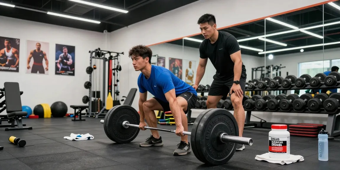Ein Athlet hebt Gewichte im Fitnessstudio mit Deus Medical Steroiden für Muskelaufbau.
