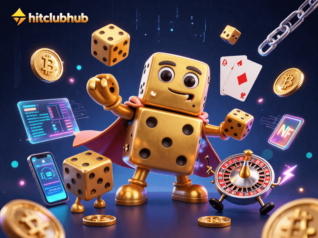 Engage with hitclubhub's vibrant online casino world filled with golden dice and crypto elements.