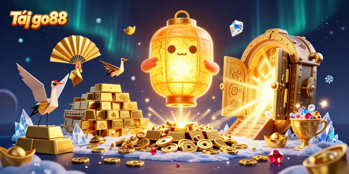 Tải go88 excitingly showcases a vibrant 3D illustration of a golden casino scene filled with treasures and lucky symbols.