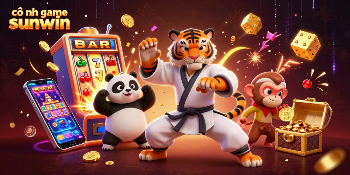 Engaging illustration of cổng game sunwin with playful characters and vibrant casino elements.