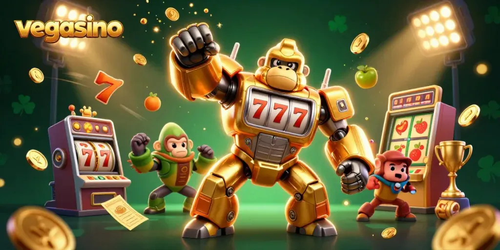 Experience thrill at Vegasino with a golden gorilla mech spinning reels and explosive winnings.