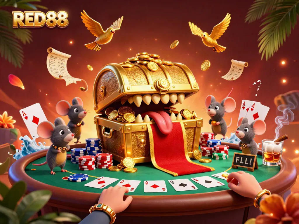 Join the adventure at RED88 with a treasure chest inviting players to win big at the gaming tables.