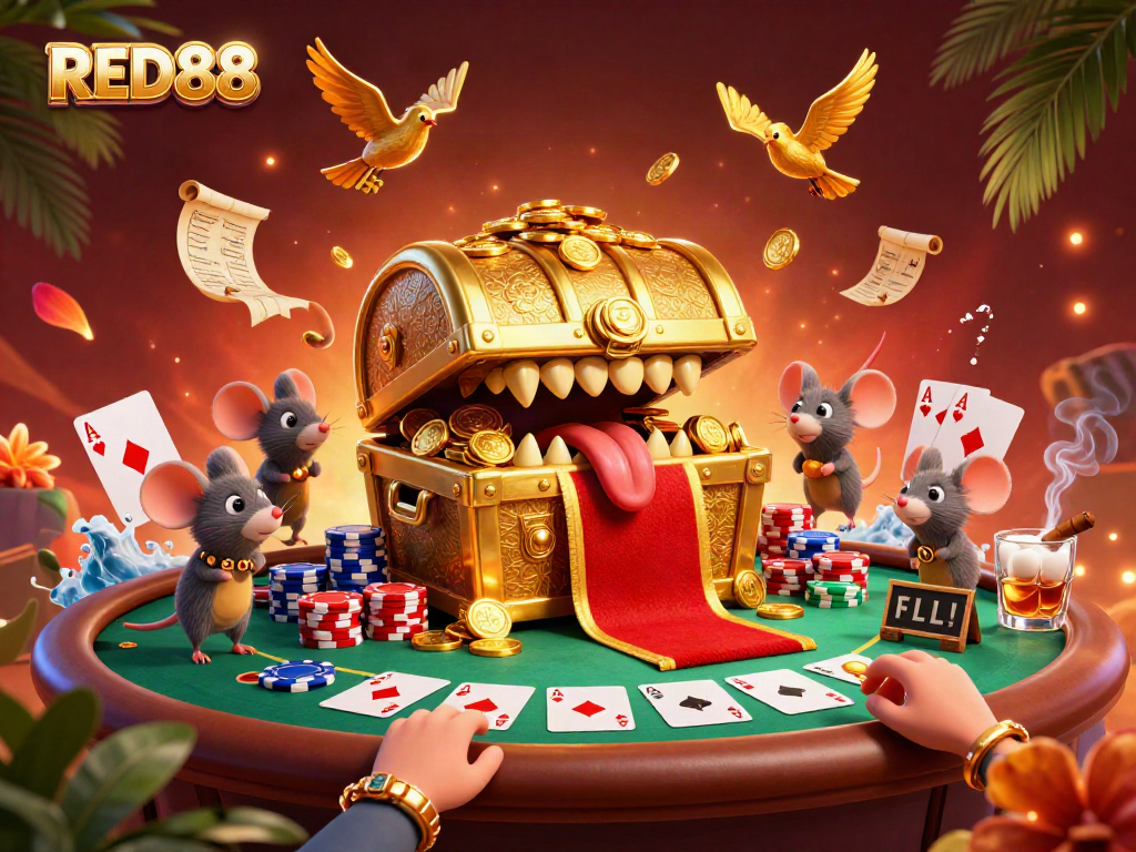 Join the adventure at RED88 with a treasure chest inviting players to win big at the gaming tables.