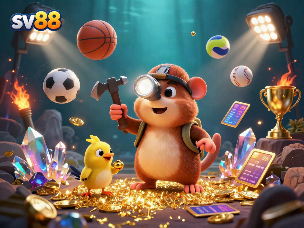 Engage with sv88's exciting casino world featuring a treasure hunter mole and sports elements.