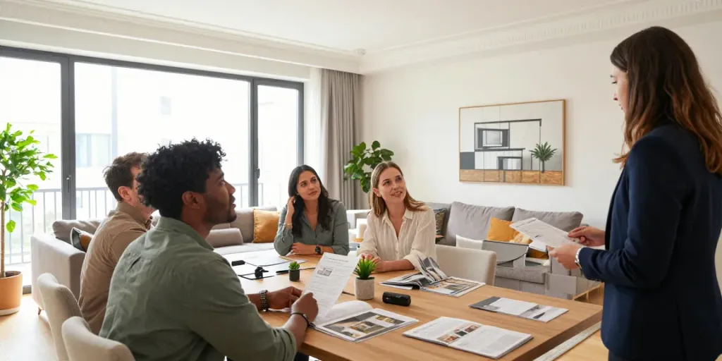 Bester Immobilienmakler Frankfurt bei der Besichtigung einer Immobilie in Frankfurt mit potenziellen Käufern.