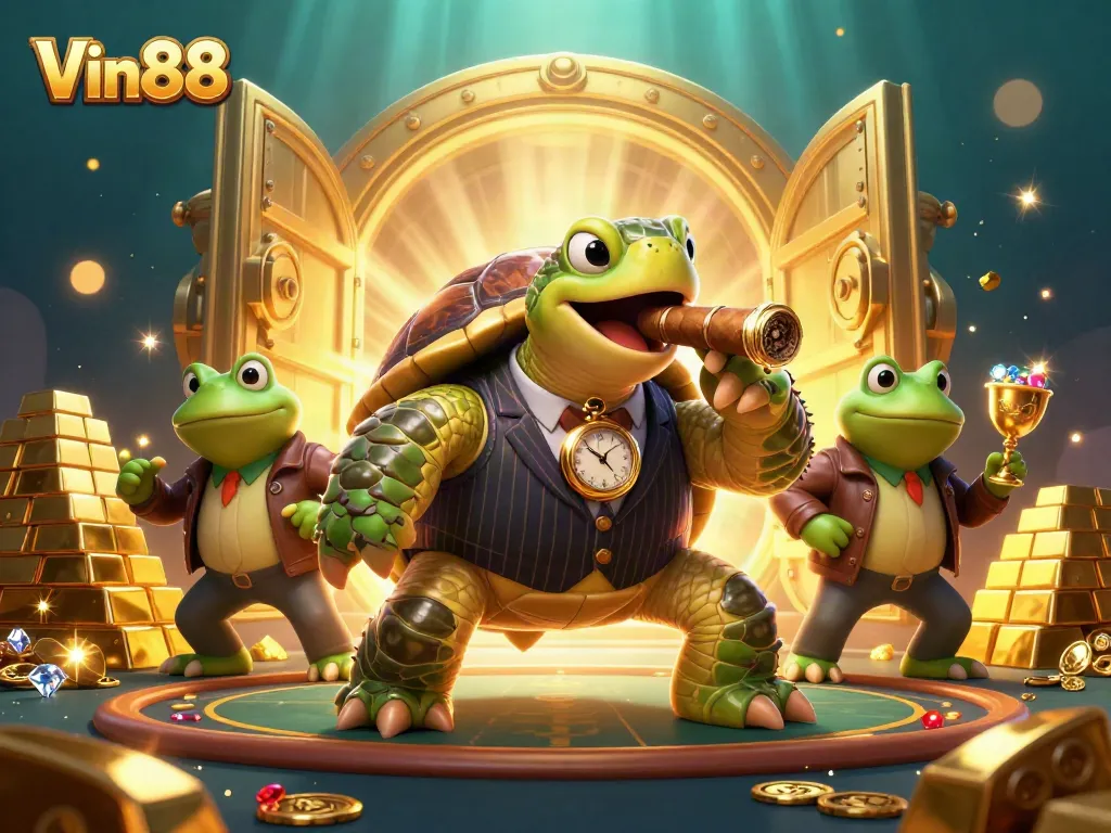Engage in thrilling gameplay at Vin88 with a vibrant casino scene featuring unique characters and treasure.