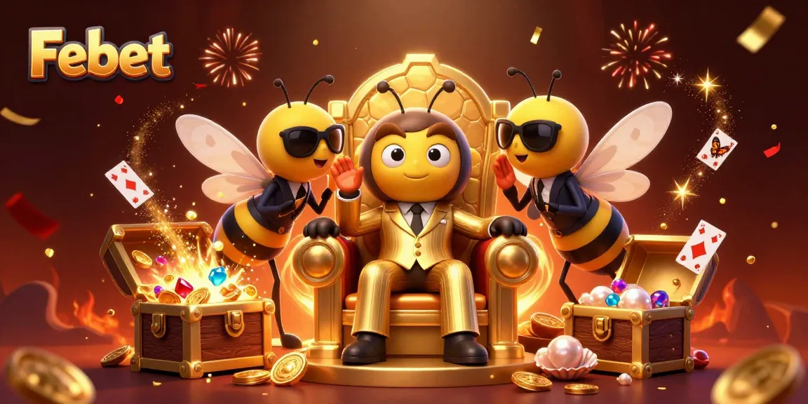 Engage with Febet's thrilling gaming experience featuring a buzzing cartoon casino scene.