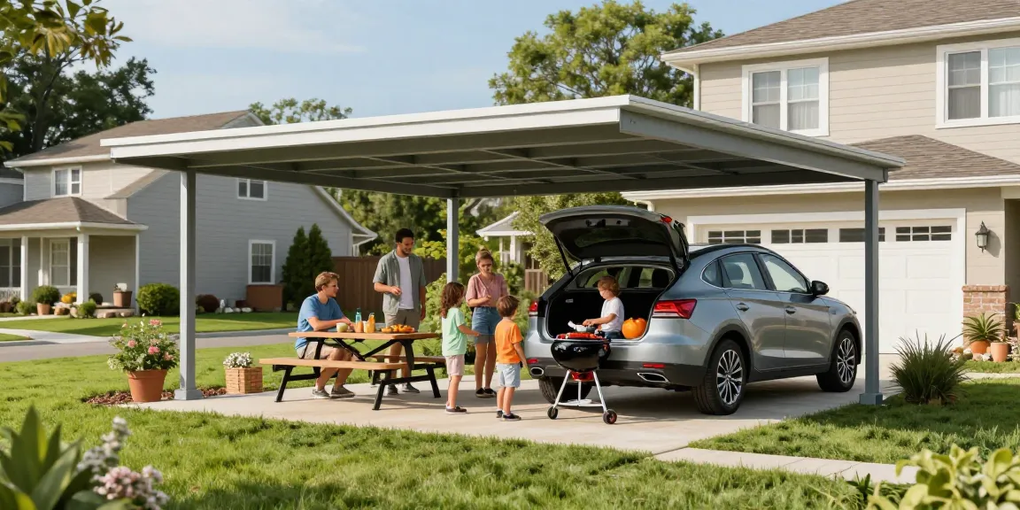 Moderner Carport in einem sonnigen Garten mit Familie beim Grillen.