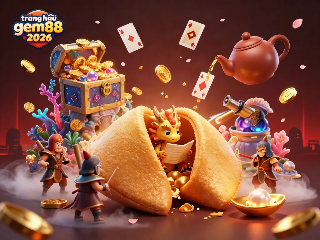 Experience the vibrant energy of trang chủ gem88 2026 featuring a golden fortune cookie scene with dragon and game elements.
