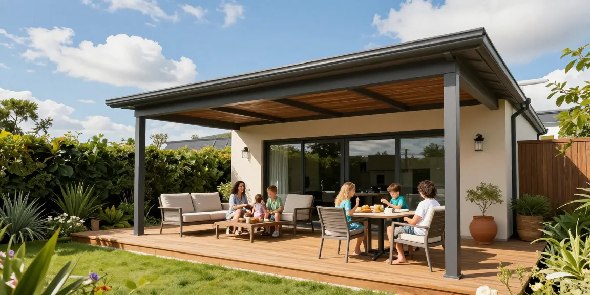 Moderne freistehende Terrassenüberdachung, Familie genießt sonnigen Tag in einem schönen Garten.