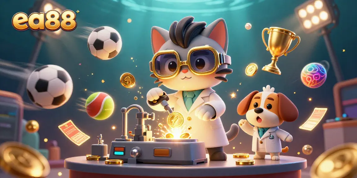 Experience the thrill of ea88's gaming with an engaging illustration of a mad scientist cat and lab assistant crafting gold coins