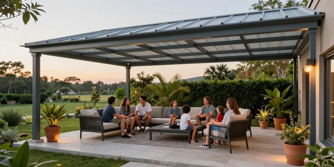 Gemütliches Terrassenüberdachung mit Aluminium, Familie genießt den Nachmittag im Freien.