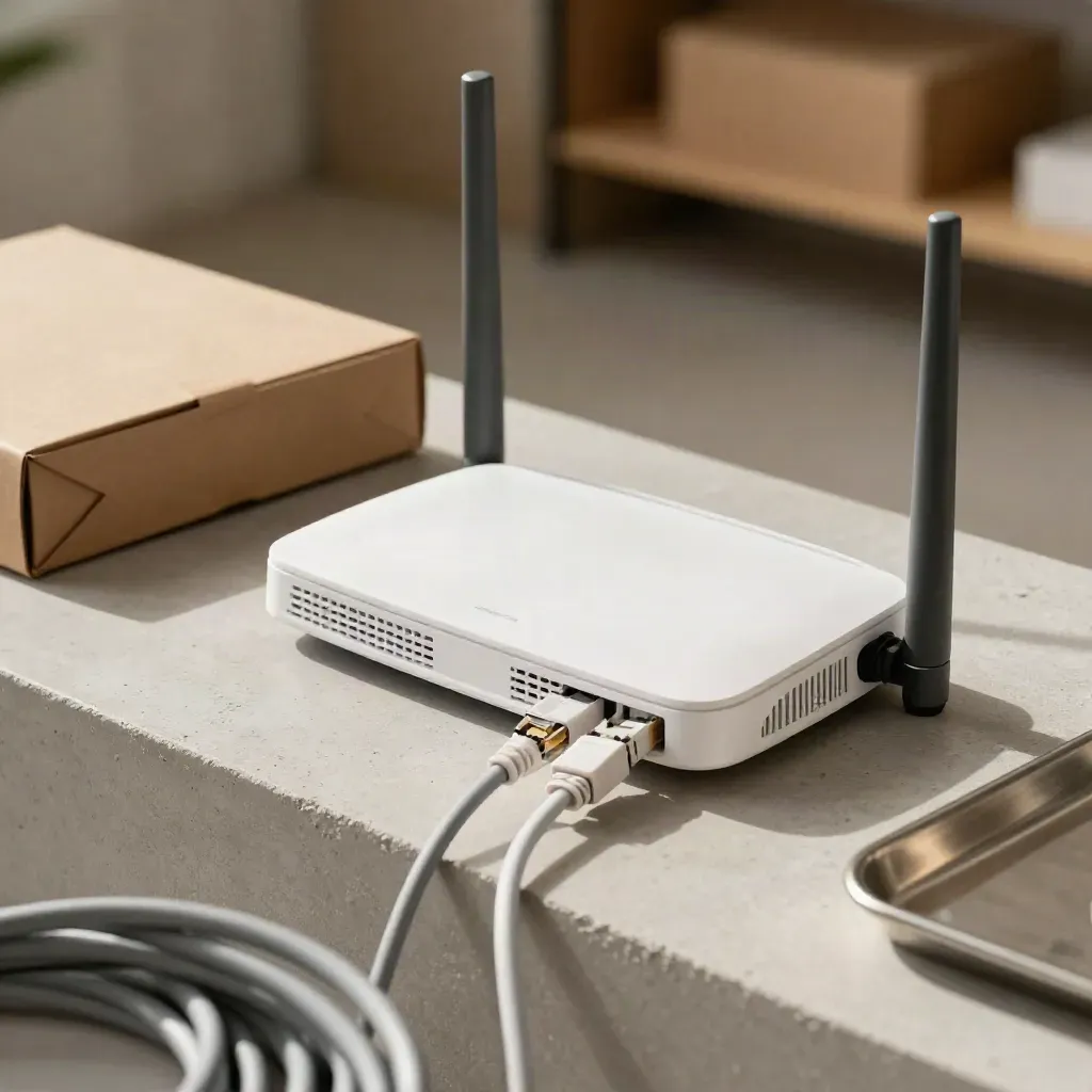 Router-Bundle mit Netzteil, Kabeln und Adaptern auf Betonblock im Studiolicht