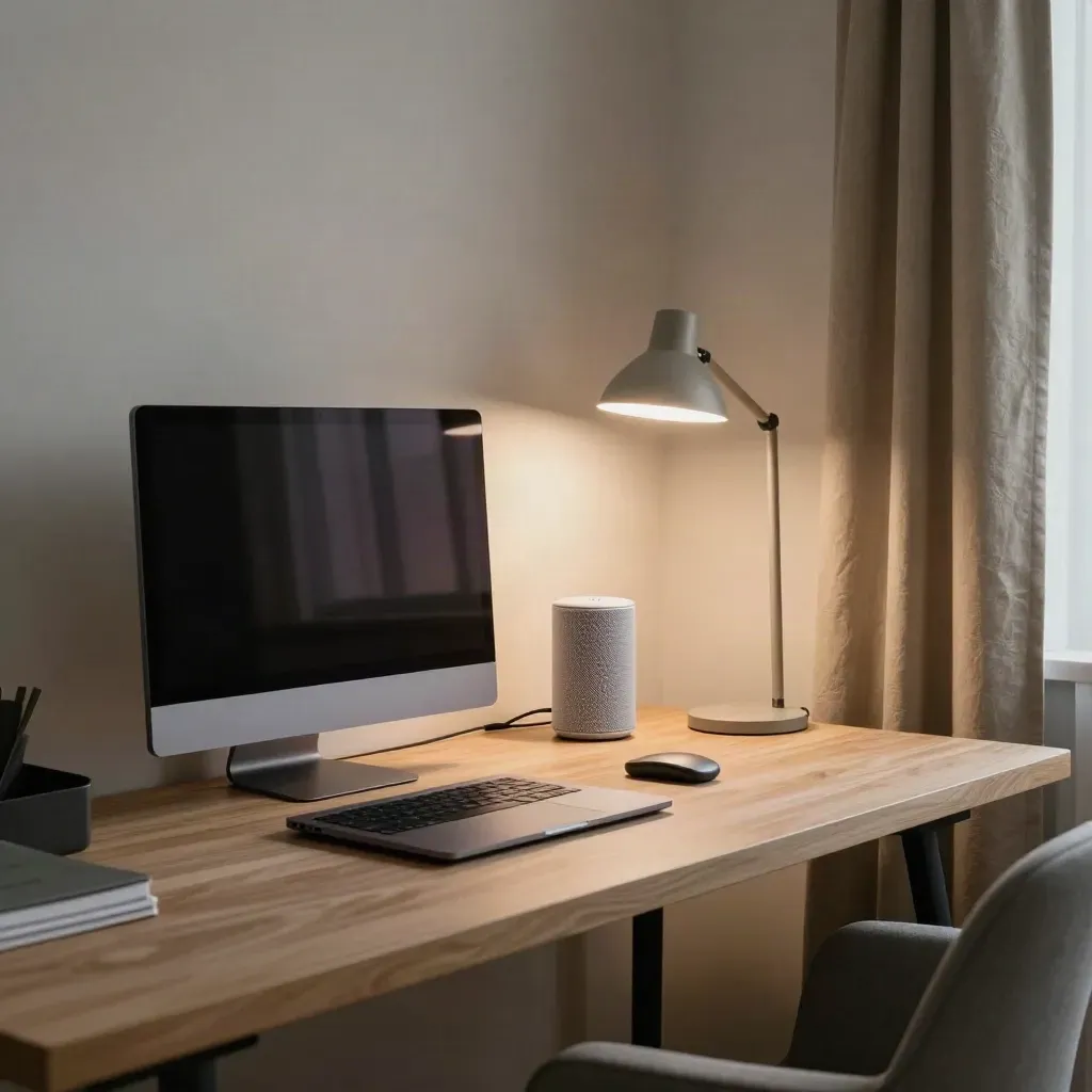 Homeoffice-Ecke mit Laptop, Monitor, Mesh-Knoten und Kabel am hellen Schreibtisch.