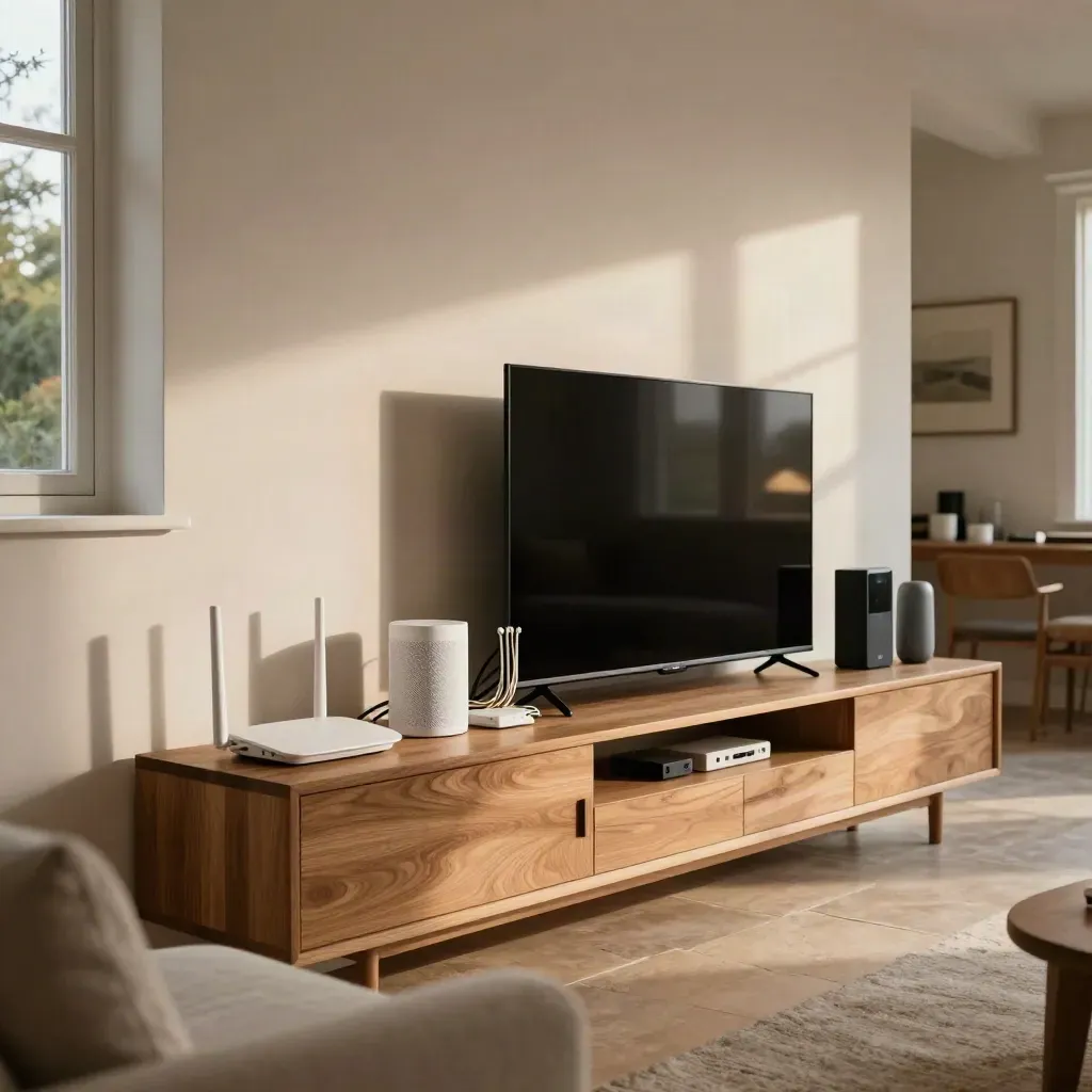 Wohnzimmer mit Router, Mesh-Node und angeschlossenem TV, ruhig und hochwertig.