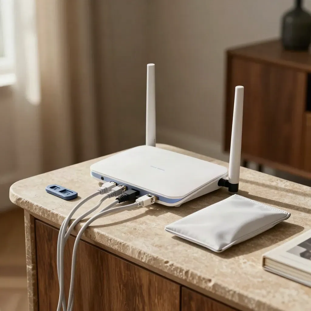 Router-Kit auf Steinsideboard im warmen Innenraum, seitlich beleuchtet
