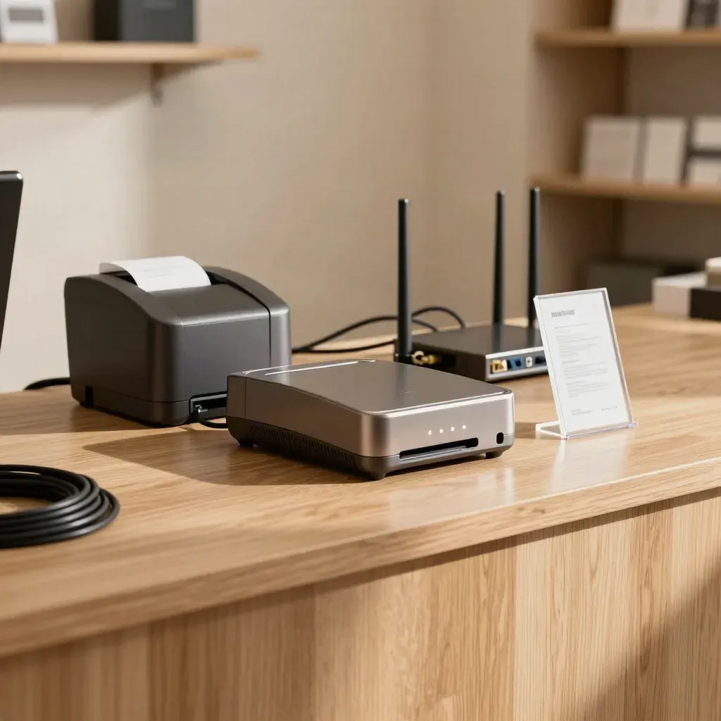Leere Ladenkasse mit Router, Kartenterminal und Bondrucker, bereit zur Öffnung.