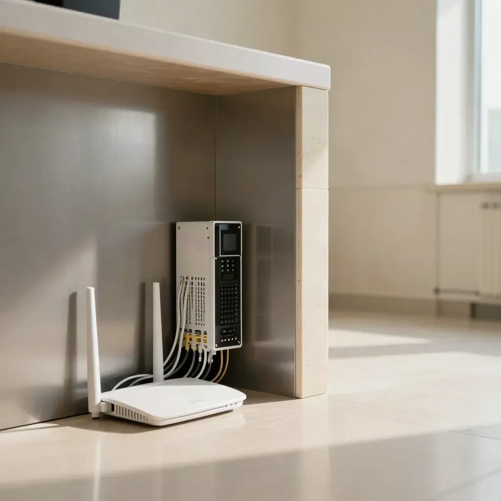 Glasfaser-Setup in einer Praxis-Ecke mit Router, Telefonbasis und Servermodul
