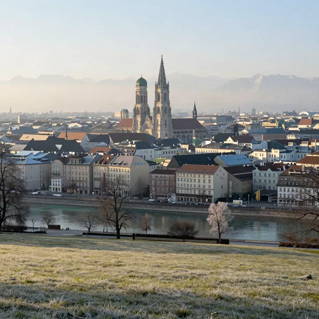Münchner Skyline mit Alpen im Dunst über winterlichen Dächern und ruhigem Vordergrund.