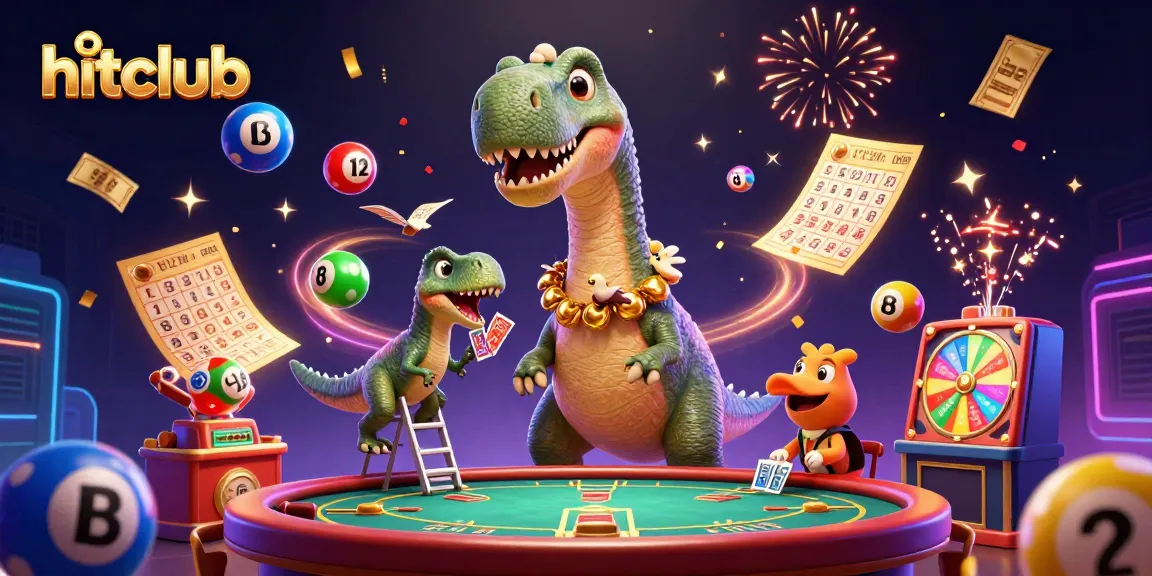 Hitclub offers a lively casino scene with a brontosaurus overseeing poker activity and lottery excitement.