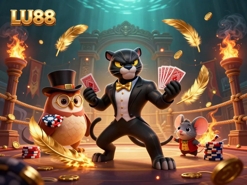 LU88 captivates with a stylish panther dealing cards and an owl with poker chips, set in a vibrant casino atmosphere.