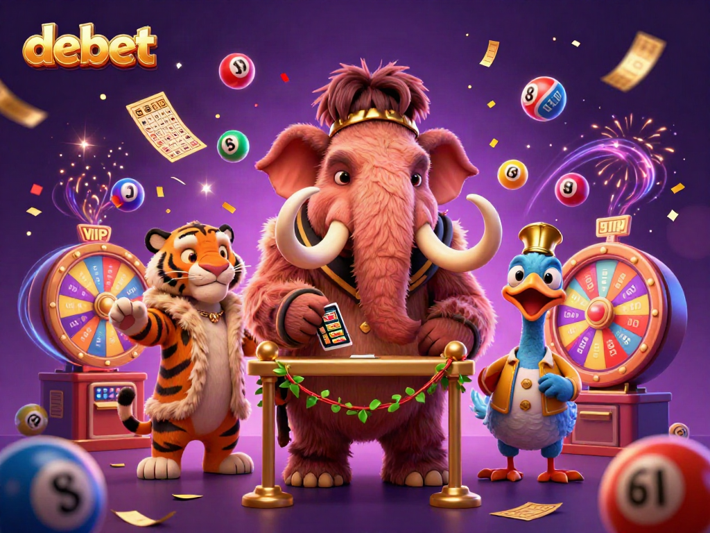 Experience the excitement at debet with vibrant characters and dynamic casino elements in this stunning illustration.