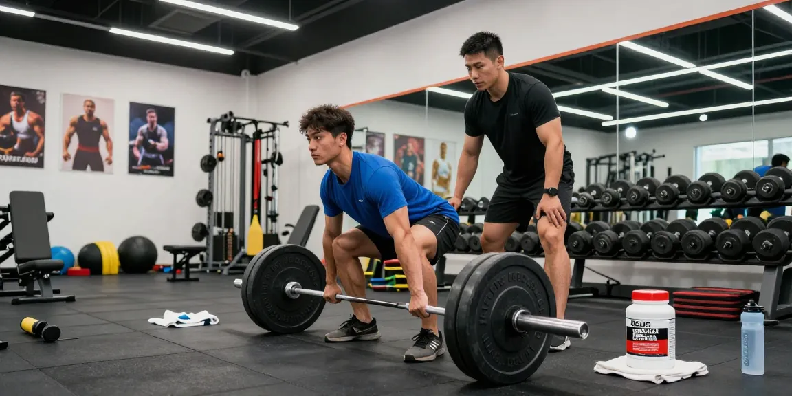 Ein Athlet hebt Gewichte im Fitnessstudio mit Deus Medical Steroiden für Muskelaufbau.