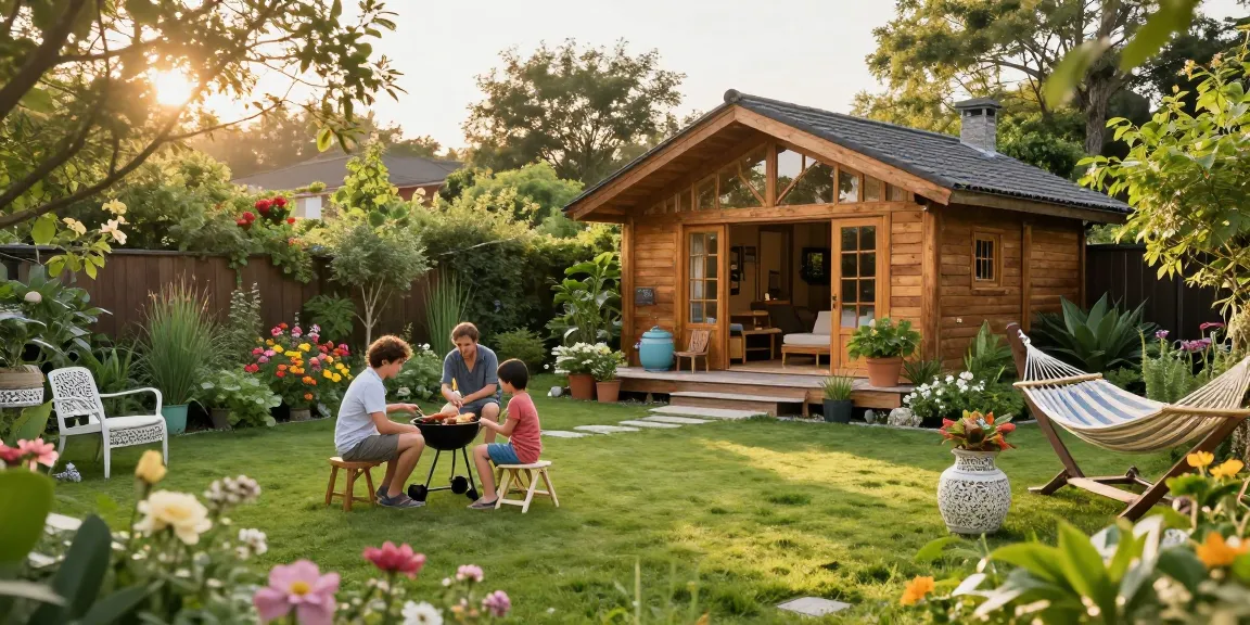 Attraktives Garten Haus im Familiengarten, umgeben von bunten Blumen und gemütlichen Sitzgelegenheiten.