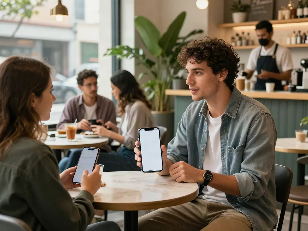 Friends enjoying café time with rokok88 app on smartphone in a vibrant urban setting.