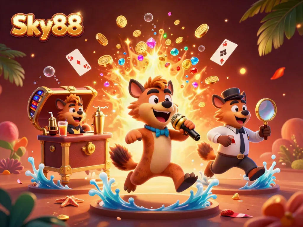 Sky88 hyenas entertaining in a vibrant casino scene with gold coins and floating cards.
