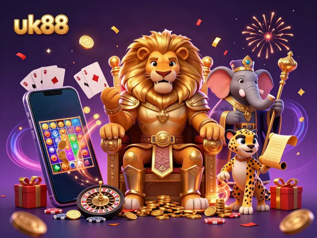 Engage with exciting slot games and promotions at uk88, featuring a dazzling 3D royal scene.