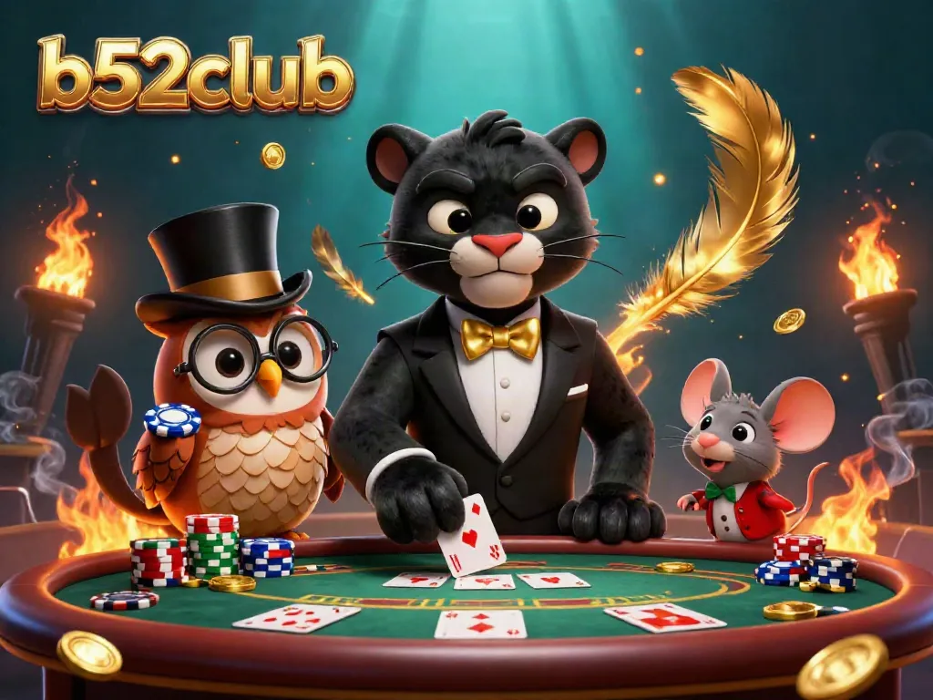 Engage with the vibrant b52club casino scene featuring a panther dealer, owl, and lucky mouse amidst poker chips and coins.