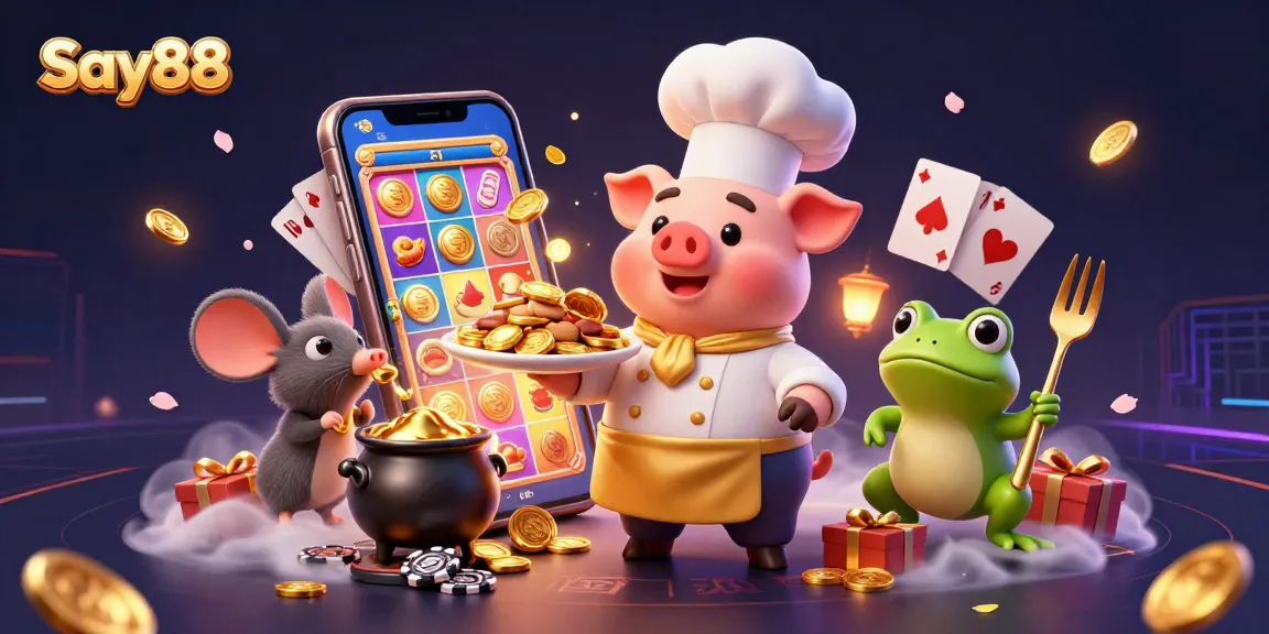 Engage with Say88 as a chef pig serves gold coins among vibrant casino elements.