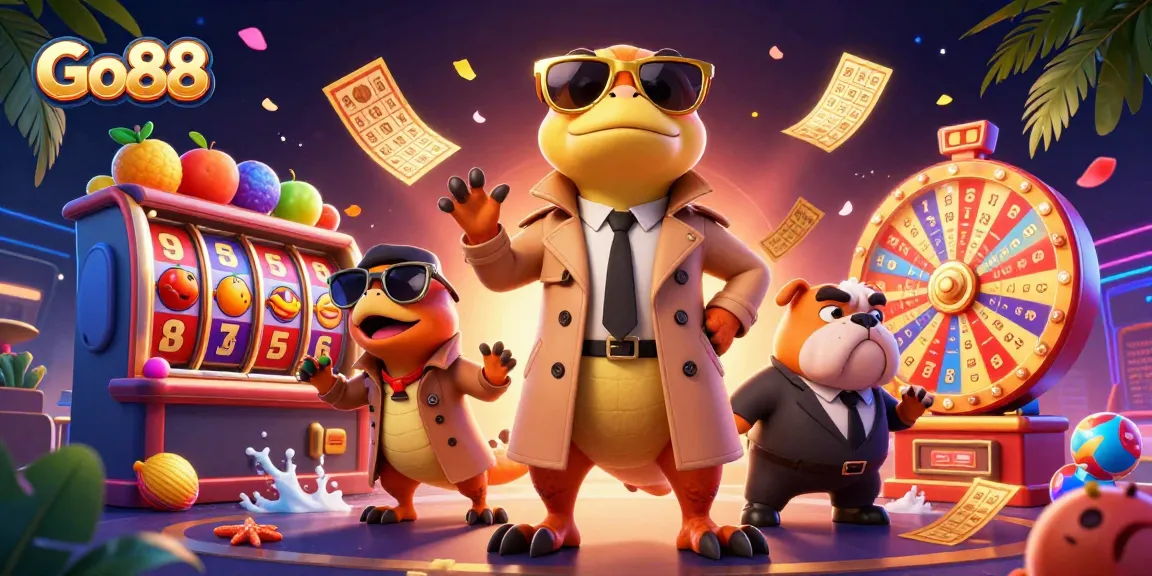 Experience the excitement of Go88 with lottery balls and vibrant casino elements flying around animated raptors.