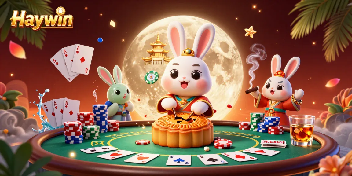 Engage with the vibrant world of Haywin as a cartoon moon rabbit reveals poker chips from mooncakes amidst dynamic casino elements.