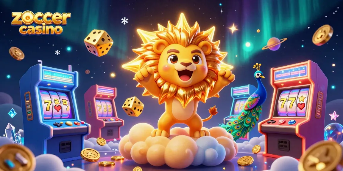 Zoccer casino offers vibrant gameplay with a roaring sun lion amidst game elements like glowing slot reels.