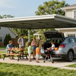 Moderner Carport in einem sonnigen Garten mit Familie beim Grillen.