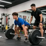 Ein Athlet hebt Gewichte im Fitnessstudio mit Deus Medical Steroiden für Muskelaufbau.