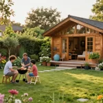 Attraktives Garten Haus im Familiengarten, umgeben von bunten Blumen und gemütlichen Sitzgelegenheiten.