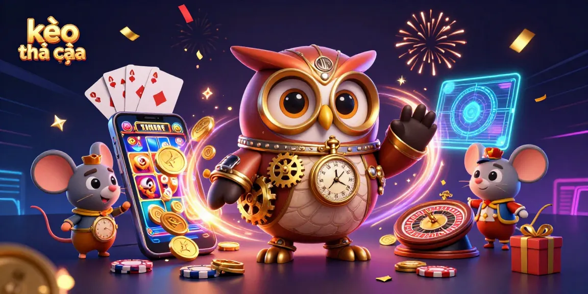 Engaging kèo nhà cái illustration depicting a time-traveling owl with casino elements, dynamic gaming action.