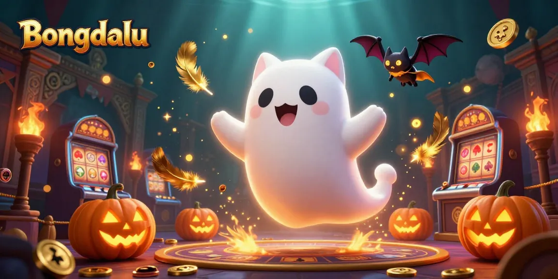 Bongdalu brings vibrant casino action with a ghost cat, vampire bat, and glowing jack-o-lanterns amidst swirling golden particles.