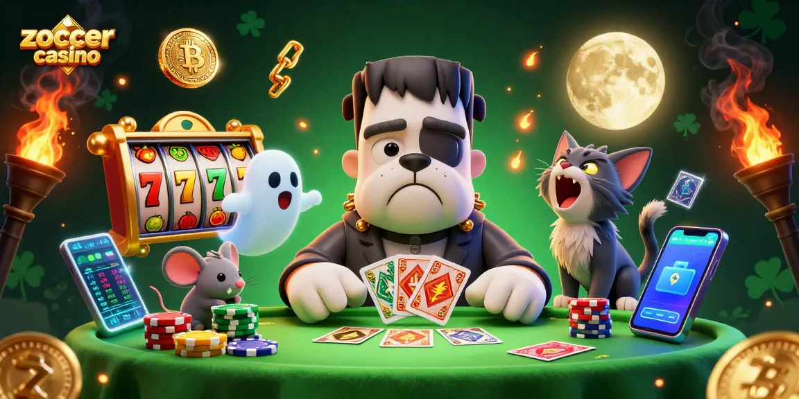 Experience thrilling gameplay at Zoccer Casino with dynamic scenes of monsters, crypto coins, and haunted fun.
