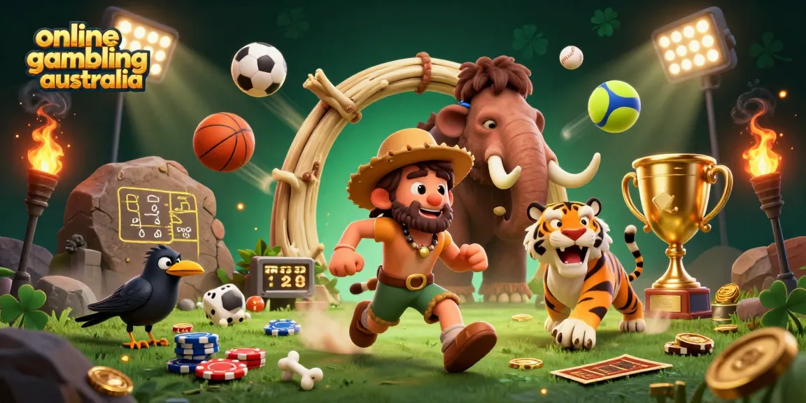 Engage in online gambling Australia with a vibrant illustration of a caveman and sabertooth tiger casino duo.
